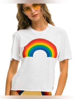 Aviator Nation Big Rainbow Boyfriend Tee Medium White Beachy Retro Crop Surfer